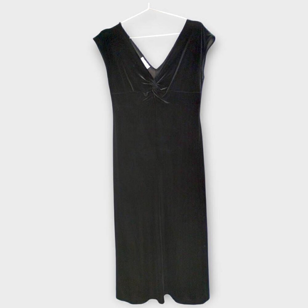 Vintage Maggy London Black Velvet Twist Front V-Neck Sleeveless Midi Dress Sz 8‎
